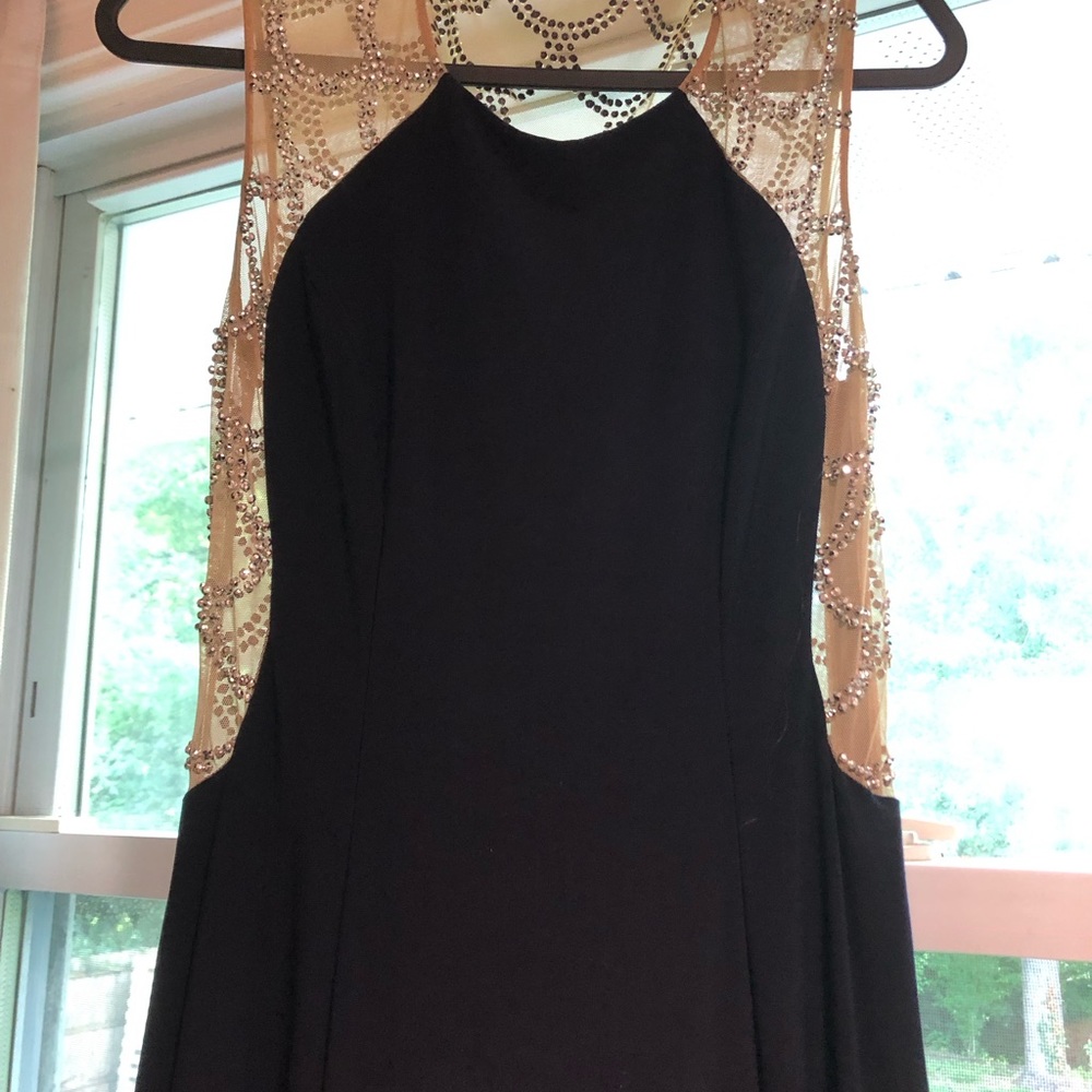 Xscape-Navy Blue/Nude mesh evening gown